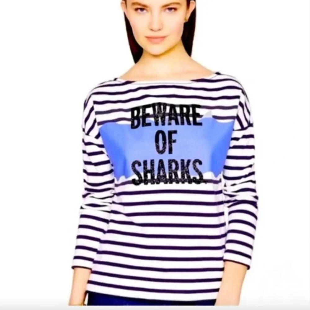 Kate Spade Beware of Sharks Shirt Boatneck Top 3/4 Sleeve Striped Black White XS
